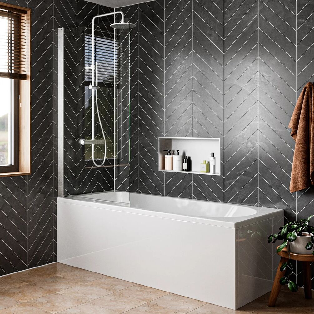 Lifestyle image of Crosswater Clear 6 Brushed Stainless Steel Single Panel Hinged Bath Screen